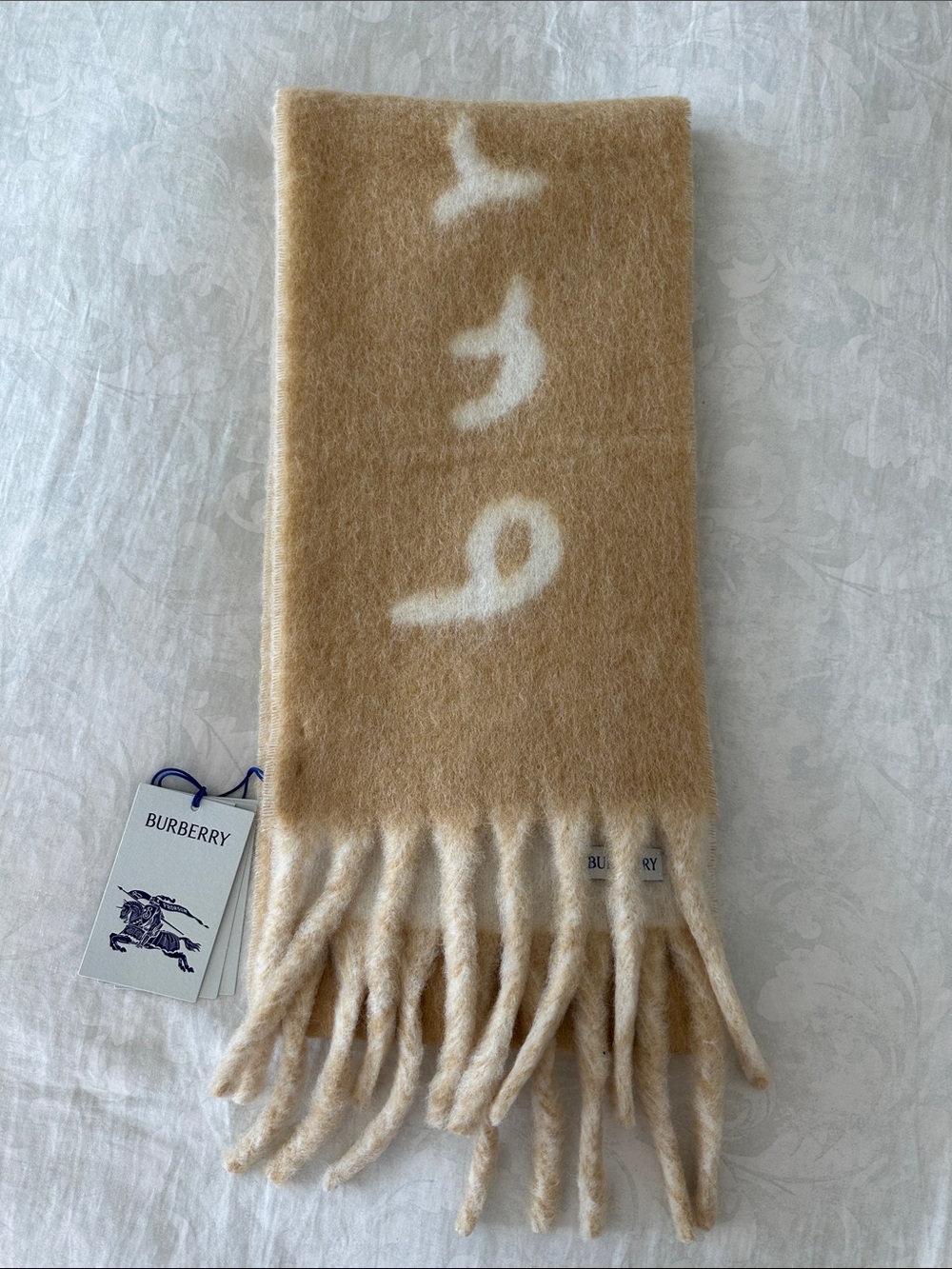 Burberry Camel and Cream Logo Fringe Scarf